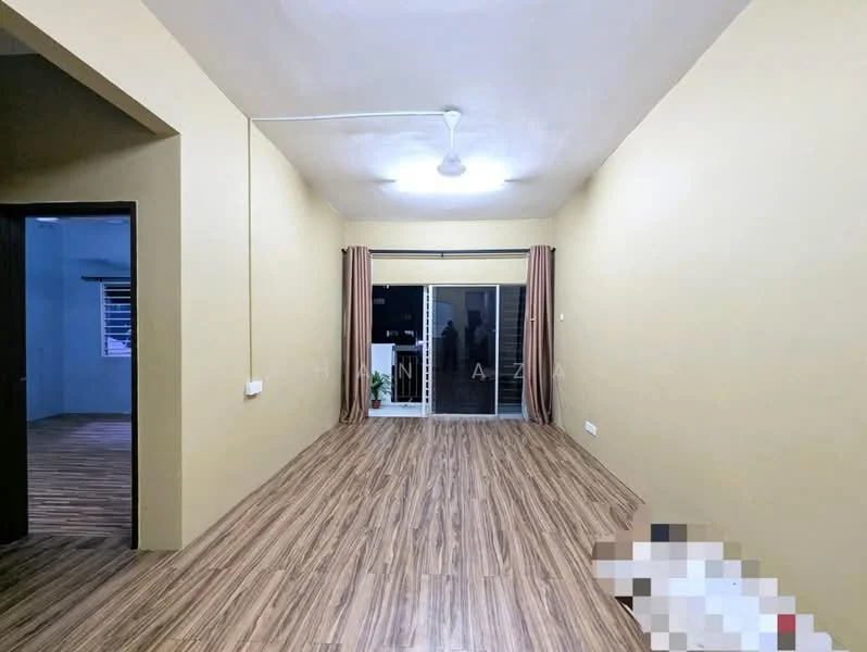 Living features: light brown laminate flooring, cream painted walls, ceiling fan with light, sliding glass door, floor-to-ceiling windows, curtains, open layout, natural light from windows; style: modern.