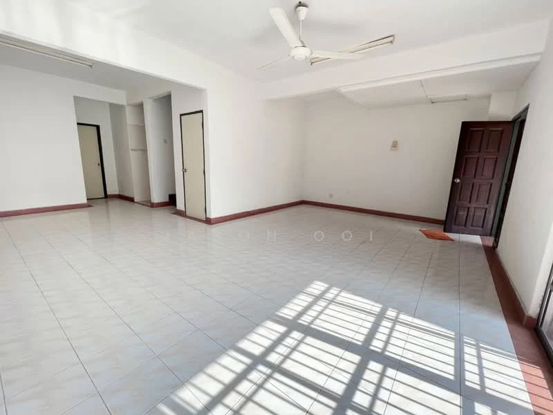 Room features: white painted walls, tile flooring, 5-blade ceiling fan, large windows allowing natural light, door leading to hallway, door leading to another room, light-colored trim, sunlight casting shadows on the floor; style: modern.