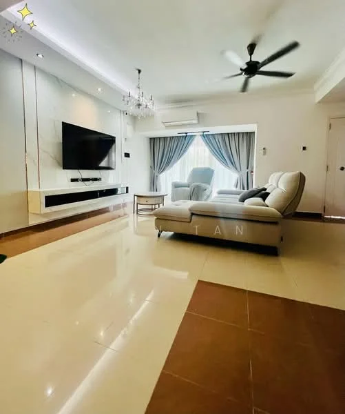 Living features: white painted walls, marble tile flooring, chandelier, 5-blade ceiling fan, floor-to-ceiling windows, grey curtains, TV mounted on wall, white TV console, light-colored sofa, wooden coffee table; style: modern.
