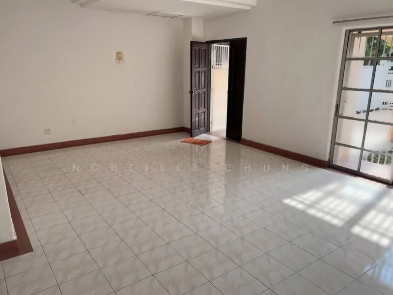 Room features: white painted walls, glossy ceramic tile flooring, sliding glass door, wooden door, window with grid pattern, natural light from window, corner of room with no furniture, neutral color scheme; style: minimalist.