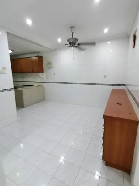 Kitchen features: white tiled flooring, white painted walls, ceiling fan, wooden cabinetry, kitchen countertop, built-in kitchen appliances, recessed LED downlights, open layout; style: modern.