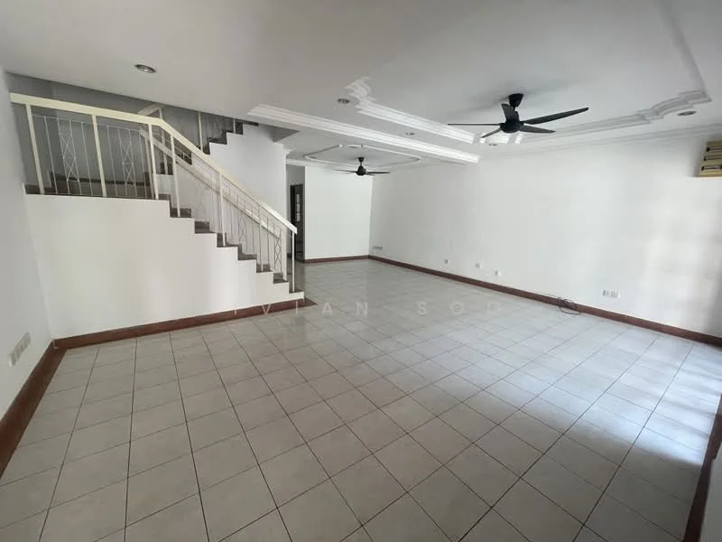 Living features: white painted walls, tile flooring, tray ceiling, 2 ceiling fans, staircase with white railing, air conditioning unit, large open space, natural light from windows; style: modern.
