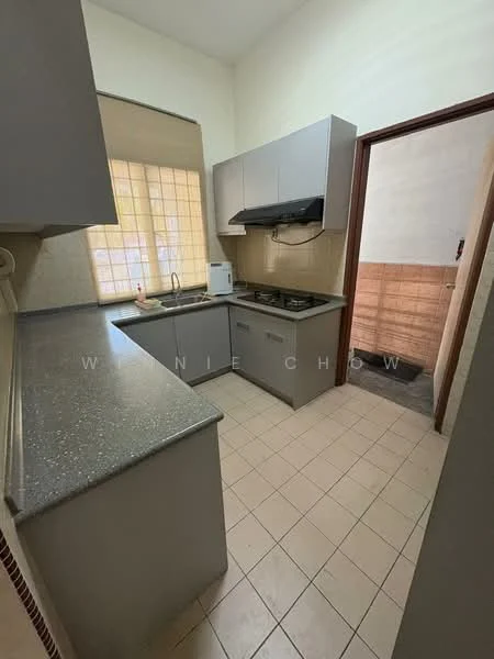 Kitchen features: grey cabinetry, granite countertop, double-bowl stainless-steel sink, chrome pull-down faucet, built-in gas stove, exhaust hood, tile flooring, window with grid pattern, light-colored walls, wall-mounted microwave, open shelving; style: modern.