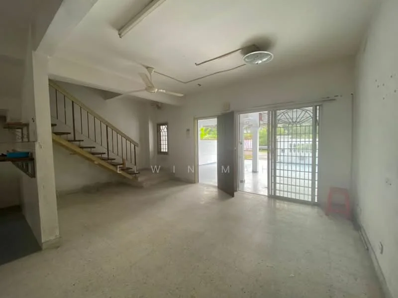 Living features: white painted walls, concrete flooring, ceiling fan, sliding glass door, floor-to-ceiling windows, staircase with wooden steps, natural light from windows, open layout; view: garden.