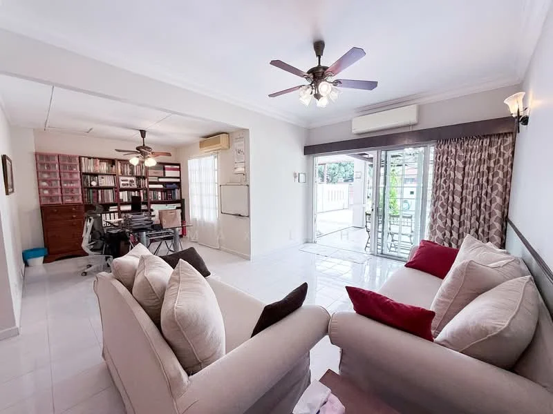 Living features: 3-seater fabric sofa in cream, 2-seater fabric sofa in grey, ceiling fan with 5 blades, recessed downlights, white painted walls, glossy tile flooring, sliding glass door, curtains with floral pattern, area rug with geometric pattern, wall-mounted air conditioning unit, decorative wall sconce, coffee table; style: modern; view: garden. Study features: desk with ergonomic chair, bookshelves, wall-mounted air conditioning unit; style: modern.