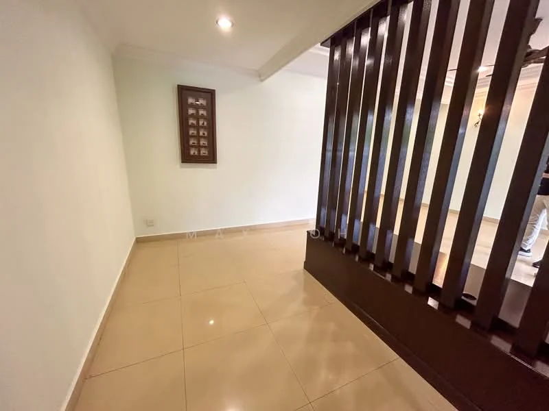 Room features: cream tiled flooring, white painted walls, wooden partition, recessed lighting, wall-mounted artwork, crown moulding; style: modern.
