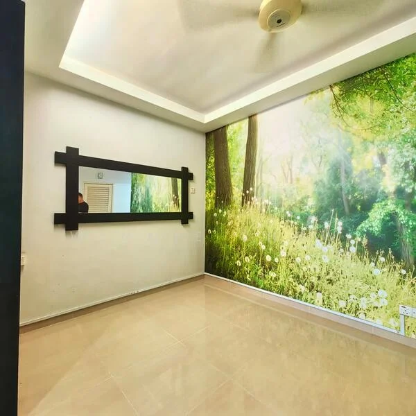Room features: large wall mural of a forest scene, plain white walls, glossy beige tile flooring, tray ceiling with recessed lighting, ceiling fan, large mirror with black frame; style: modern; view: garden.