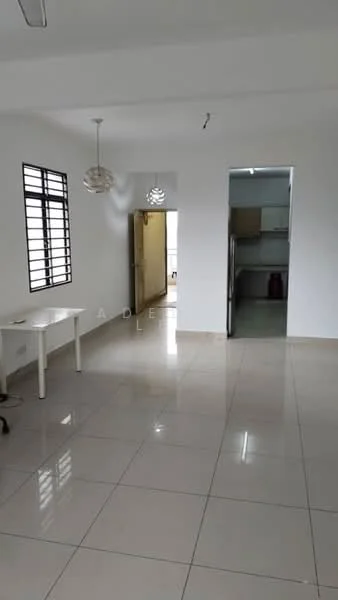 Room features: white painted walls, glossy ceramic tile flooring, 2 pendant lights, large window with black metal grille, doorway leading to another room, open layout, neutral color scheme; style: modern.