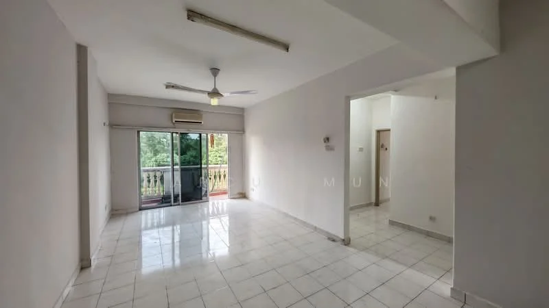 Living features: white painted walls, glossy white tile flooring, 5-blade ceiling fan with light, sliding glass door, floor-to-ceiling windows, air conditioning unit, balcony access, natural light from windows. Room features: white painted walls, glossy white tile flooring, doorway leading to another room.