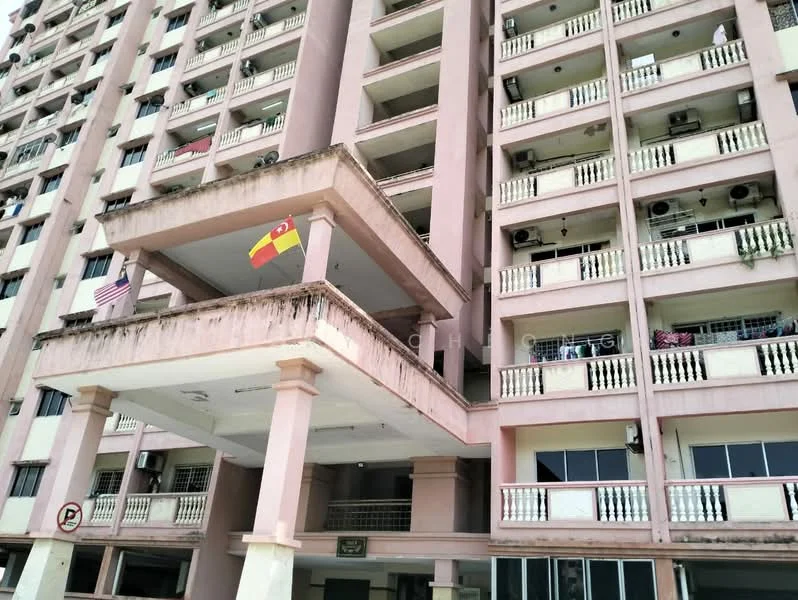 Exterior type: mid-rise condominium; features: pink painted facade, balconies with railings, multiple air conditioning units visible, ground floor entrance with overhang, American and Malaysian flags displayed, parking area visible, windows with grilles, decorative columns at entrance; style: modern.