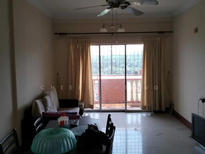 Living features: cream painted walls, glossy tile flooring, 5-blade ceiling fan with light, floor-to-ceiling sliding glass door, sheer curtains, balcony access, sofa, dining table, decorative bowl on table.
