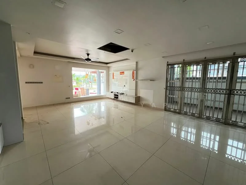 Living features: white painted walls, polished ceramic tile flooring, 5-blade ceiling fan, recessed downlights, large sliding glass door, floor-to-ceiling windows, window treatments, open layout, built-in wall shelf, natural light from windows; style: modern; view: garden.