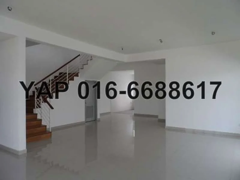 Room features: white painted walls, polished ceramic tile flooring, staircase with metal railing, recessed ceiling lights, open layout, large windows, neutral color scheme, corner space; style: modern.