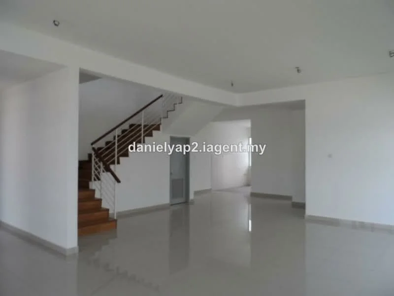 Room features: white painted walls, polished ceramic tile flooring, staircase with wooden steps, metal railing, recessed downlights, open layout, large windows, doorway leading to another room; style: modern.