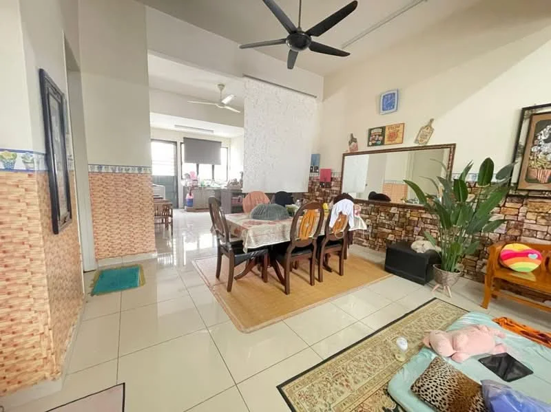 Dining features: dining table with six chairs, wooden dining chairs, area rug under dining table, decorative wall with stone cladding, large mirror on wall, ceiling fan, tile flooring, potted plant, wall art, light-colored walls, open layout to living area; style: contemporary. Living features: sofa with cushions, coffee table, floor cushions, large windows, light-colored walls, tile flooring; style: contemporary.