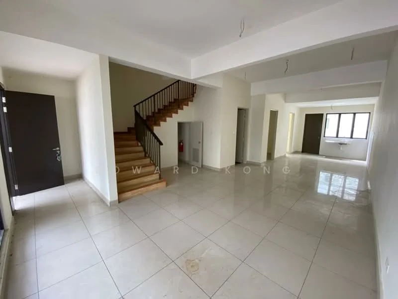 Living features: white painted walls, polished ceramic tile flooring, large windows, staircase with wooden steps, open layout, no visible furniture, ceiling with exposed beams, neutral color scheme; style: modern.