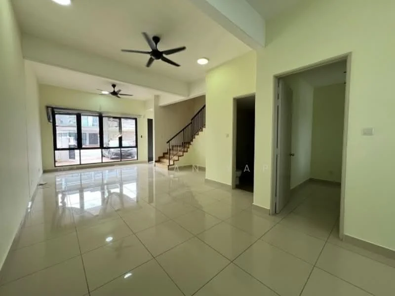 Living features: white painted walls, glossy ceramic tile flooring, 2 ceiling fans, large sliding glass door, natural light from windows, staircase with wooden steps, open layout, neutral color scheme; style: modern; view: garden. Room features: white painted walls, glossy ceramic tile flooring, doorway leading to another room.