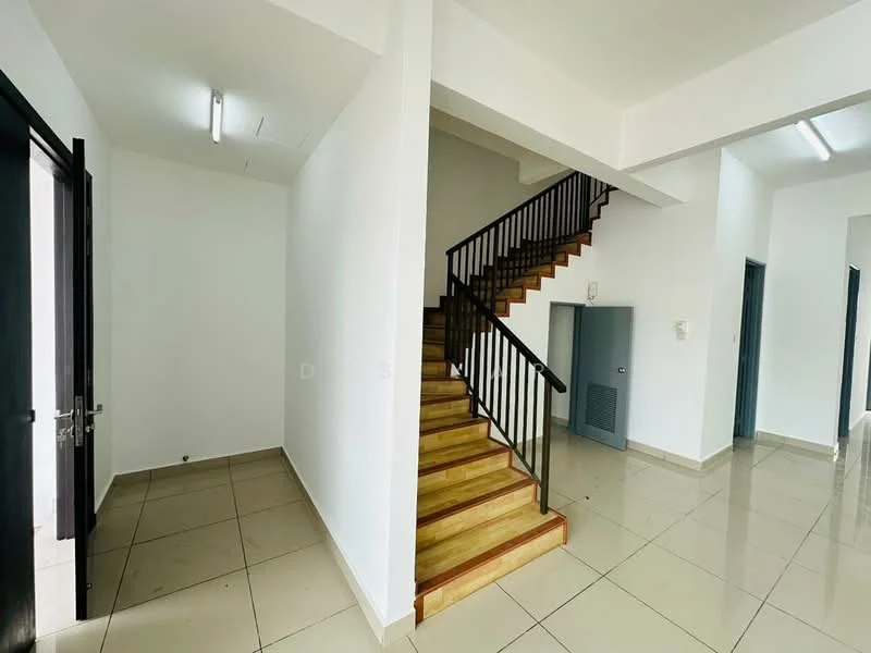 Room features: white painted walls, tile flooring, staircase with wooden steps, metal railing, ceiling lights, air conditioning unit, corner wall with electrical outlets, door leading to another room; style: modern.