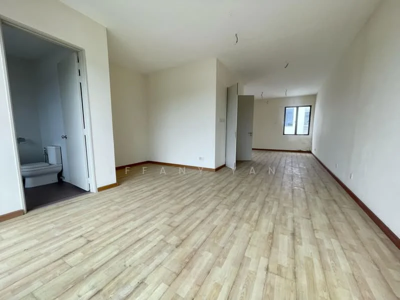 Room features: light wood laminate flooring, white painted walls, single window with no treatment, doorway leading to bathroom, doorway leading to another room, ceiling with exposed wiring, neutral color scheme, spacious layout; style: modern.