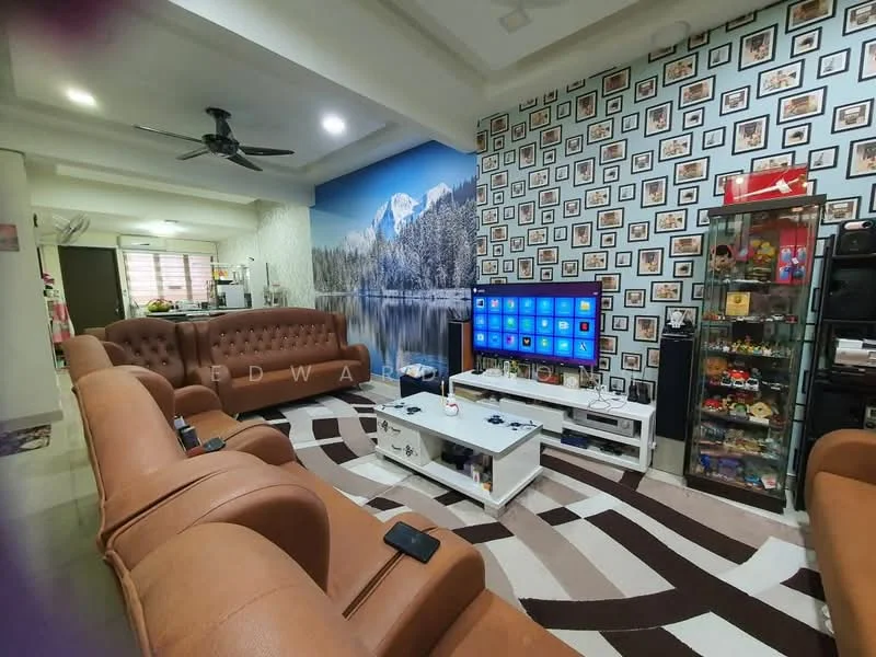 Living features: 3-seater brown leather sofa, 2-seater brown leather sofa, white coffee table, wall-mounted TV, TV console, decorative shelving unit, area rug with wave pattern, ceiling fan, wall with photo collage, feature wall with mountain landscape mural, recessed lighting, cream painted walls, tile flooring; style: contemporary. Kitchen features: open-plan layout, kitchen cabinetry, countertop, stainless-steel appliances, window with natural light.