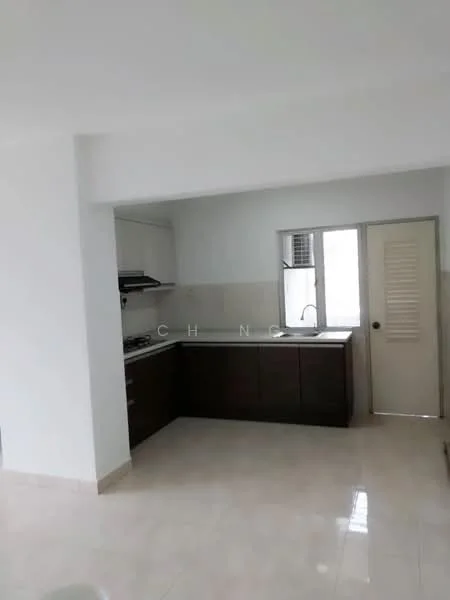 Kitchen features: white painted walls, cream tiled flooring, L-shaped kitchen layout, dark wood cabinetry, stainless-steel sink, chrome pull-down faucet, built-in oven, 4-burner gas hob, exhaust hood, window above sink, door leading to hallway; style: modern.