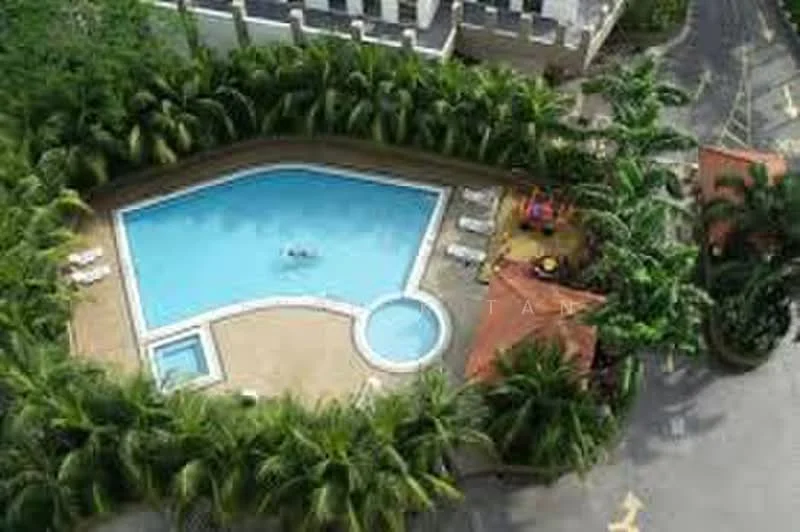 Exterior type: swimming pool deck; features: infinity pool, children's splash pool, pool deck with loungers, tropical landscaping with palm trees, manicured garden, surrounding greenery, play area with slide, paved walkway; style: tropical-modern.