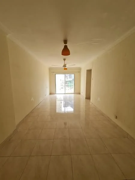 Living features: white painted walls, glossy ceramic tile flooring, ceiling fan with light, large sliding glass door, natural light from sliding door, neutral color scheme, no visible furniture, smooth ceiling; style: modern; view: city.