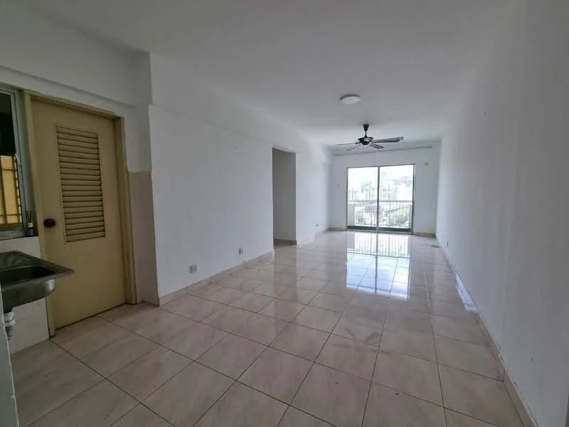 Living features: white painted walls, glossy beige tile flooring, 5-blade ceiling fan, sliding glass door, floor-to-ceiling windows, natural light, balcony view, neutral decor; style: minimalist; view: garden. Kitchen features: sink, wooden door, counter space.
