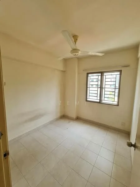Room features: white painted walls, ceiling fan, tile flooring, two windows, neutral color scheme, no visible furniture, corner room, natural light.