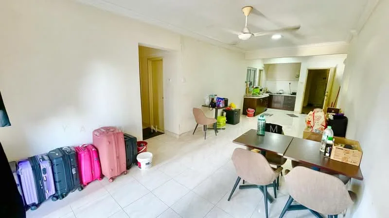 Living features: white painted walls, ceramic tile flooring, 5-blade ceiling fan, dining table with chairs, luggage bags, open layout, kitchen area visible, doorway leading to other rooms.