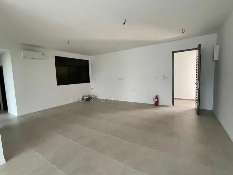 Room features: white painted walls, tile flooring, 1 wall-mounted split AC, large window, door leading to another room, fire extinguisher, neutral color scheme, recessed ceiling lights; style: modern.