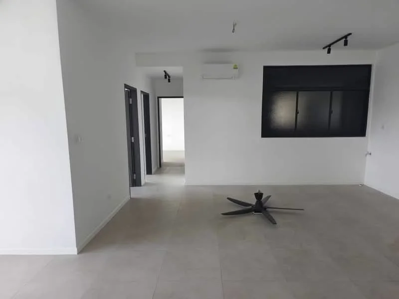 Living features: white painted walls, tile flooring, 5-blade ceiling fan, wall-mounted split AC, large window, doorway leading to hallway, neutral color scheme, track lighting; style: modern.