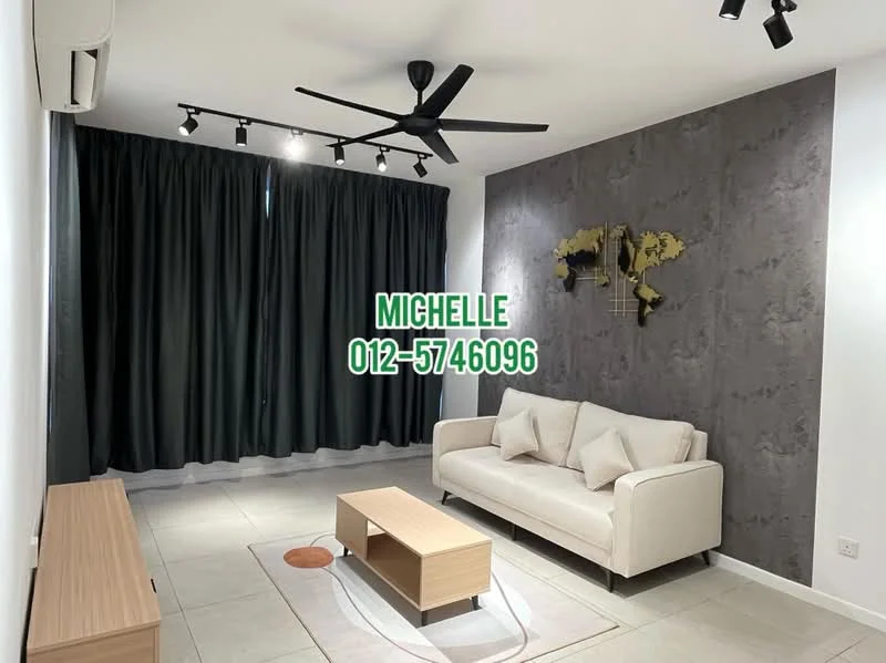 Living features: light grey wall with textured finish, white painted walls, floor-to-ceiling windows with black curtains, 3-seater fabric sofa in cream, area rug with circular pattern, ceiling fan with 3 blades, track lighting, light-colored wooden console table, tile flooring; style: modern.