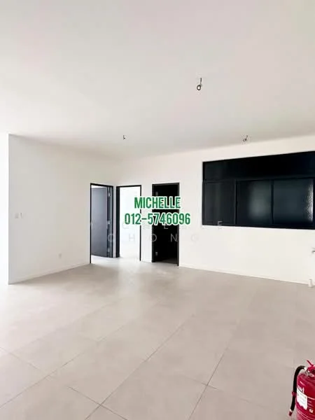 Room features: white painted walls, tile flooring, large window, doorway leading to another room, recessed ceiling lights, open layout, neutral color scheme; style: modern.