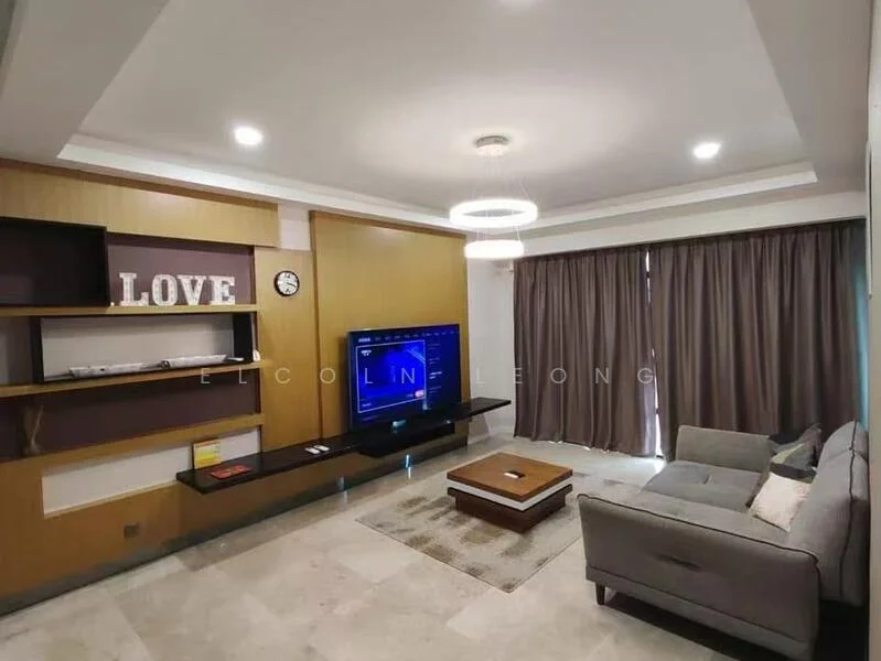 Living features: grey fabric sofa, wooden coffee table, wall-mounted TV, floating TV console, decorative clock, shelves with decorative items, recessed ceiling lights, chandelier, curtains, stone tile flooring; style: modern.