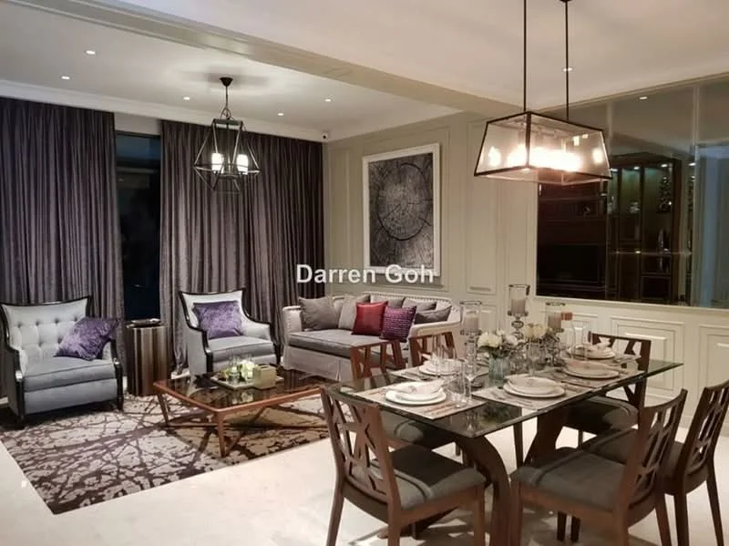 Living features: grey upholstered sofa, 2 grey armchairs, glass coffee table, area rug with geometric pattern, dining table with 6 wooden chairs, decorative wall art, dark purple throw pillows, recessed ceiling lights, pendant light fixture, floor-to-ceiling curtains, built-in cabinetry, wall-mounted display shelves; style: modern.