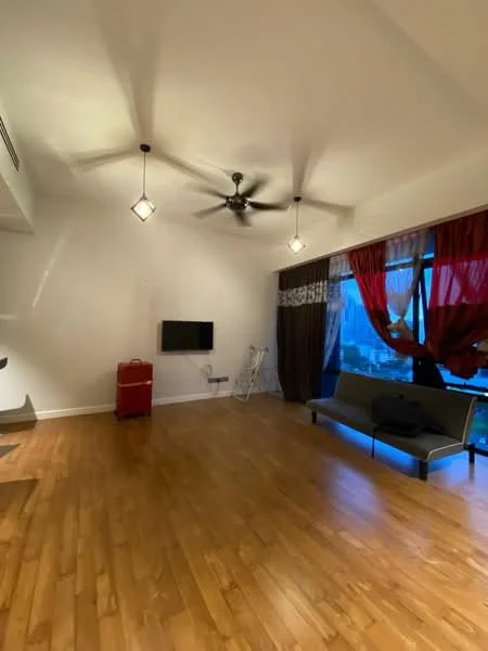 Living features: wooden flooring, 5-blade ceiling fan with light, wall-mounted TV, large windows with city view, red and brown curtains, sofa, decorative wall, light fixtures; style: modern; view: city.