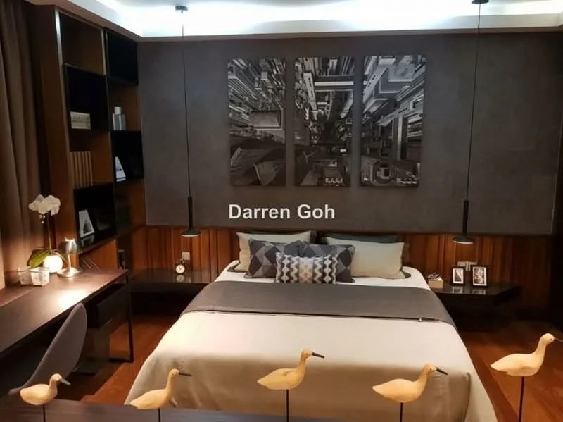 Bedroom features: king-size bed, upholstered headboard, grey bedding, decorative pillows, wooden flooring, built-in wardrobe, desk with chair, wall-mounted artwork, table lamps, curtains, shelf with books, decorative figurines; style: modern.