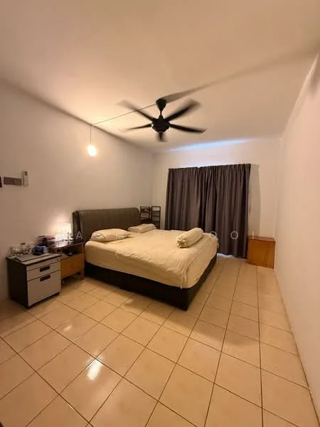 Bedroom features: king-size bed, upholstered headboard, 2 bedside tables, 1 ceiling fan, white painted walls, cream tiled flooring, floor-to-ceiling curtains, natural light from window; style: minimalist.