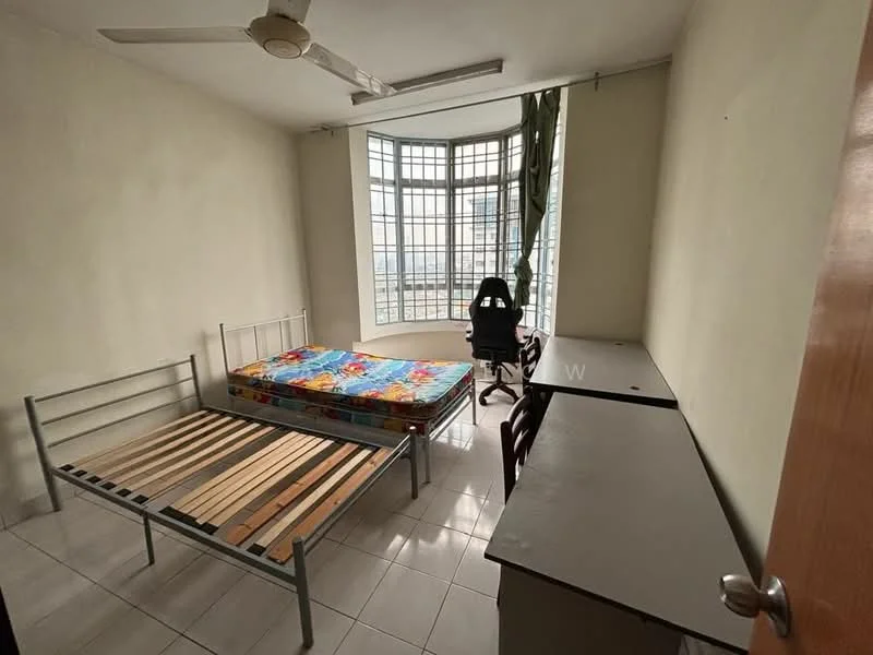Bedroom features: floor-to-ceiling windows, white painted walls, tiled flooring, ceiling fan, single bed frame, mattress with colorful bedding, desk with chair, wooden chair, wooden desk, curtains; view: city.
