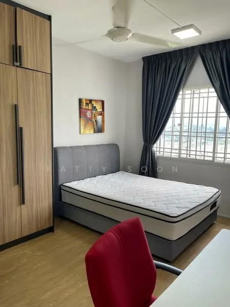 Bedroom features: queen-size bed with mattress, upholstered headboard, wooden wardrobe with sliding doors, desk chair in red, ceiling fan with light, window with sheer curtains, wooden flooring, framed artwork on wall; style: modern; view: city.