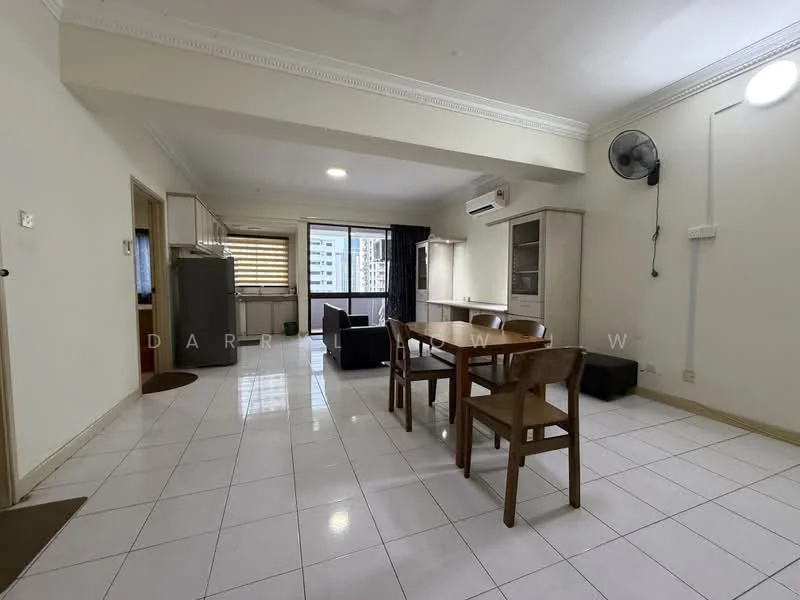 Dining features: white painted walls, tile flooring, 5-blade ceiling fan, dining table with 4 wooden chairs, refrigerator, sofa in dark color, floor-to-ceiling windows, air conditioning unit, light fixture in ceiling, curtains on windows; style: modern; view: city.