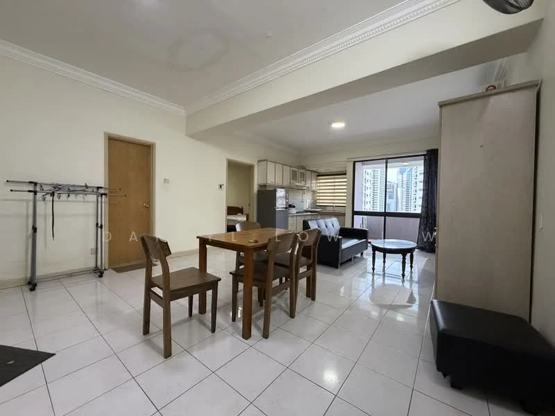 Living features: white painted walls, ceramic tile flooring, recessed downlights, floor-to-ceiling windows, black leather sofa, wooden dining table with four chairs, wooden cabinet, curtains, city view from window; style: modern; view: city.