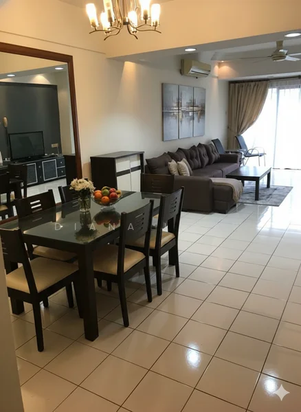 Living features: 3-seater fabric sofa in brown, coffee table, TV console, wall-mounted TV, area rug, ceiling fan, recessed downlights, sliding glass door, curtains, decorative wall art, white tiled flooring, wall-mounted air conditioning unit; style: modern; view: garden. Dining features: 6-seater dining table, black dining chairs, glass tabletop, vase with flowers, fruit bowl; style: modern.