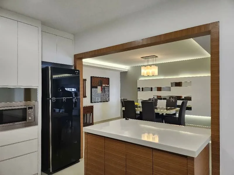 Kitchen features: white cabinetry with flat-panel doors, black stainless-steel fridge, built-in microwave, white countertop, kitchen island with seating, recessed LED lighting, pendant light above island, open layout to dining area; style: modern; view: dining. Dining features: 6-seater dining table, upholstered dining chairs, decorative wall art, mirrored wall accents, ambient lighting; style: modern; view: kitchen.