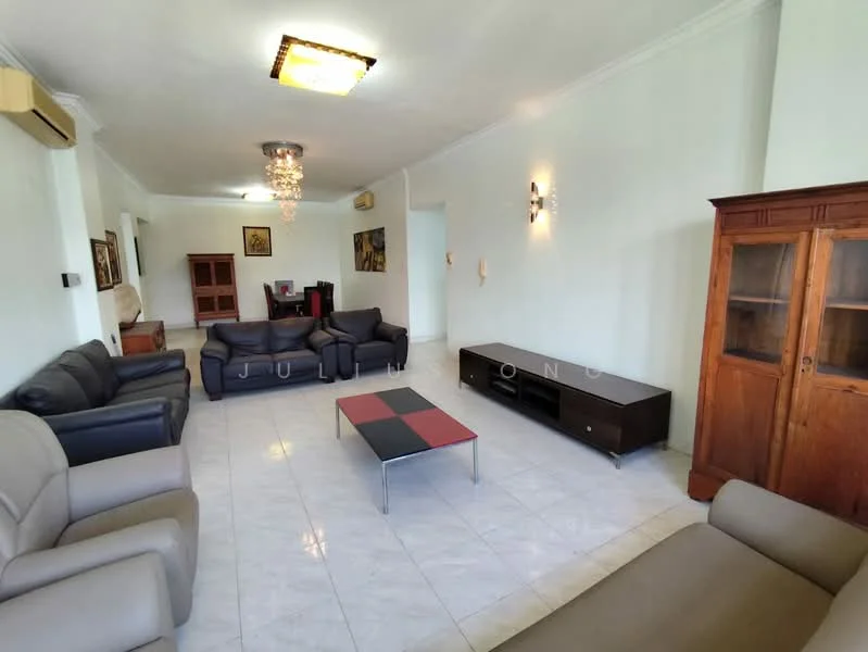 Living features: white painted walls, ceramic tile flooring, chandelier, 5-blade ceiling fan, 3-seater leather sofa in black, 2-seater leather sofa in beige, coffee table with black top, TV console in dark wood, wooden cabinet with glass doors, area rug, wall-mounted air conditioning unit, decorative wall sconce; style: contemporary.
