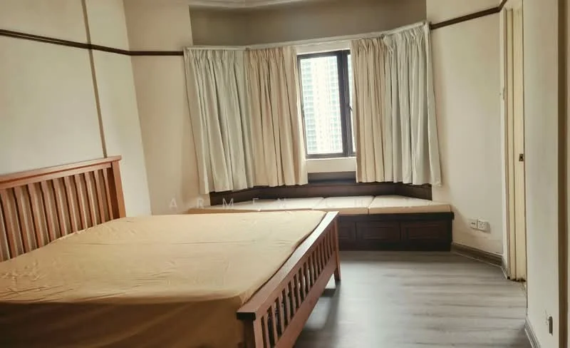 Bedroom features: wooden bed frame, queen-size bed, window with city view, built-in window seat, curtains, laminate flooring, neutral wall color, crown moulding; style: modern; view: city.