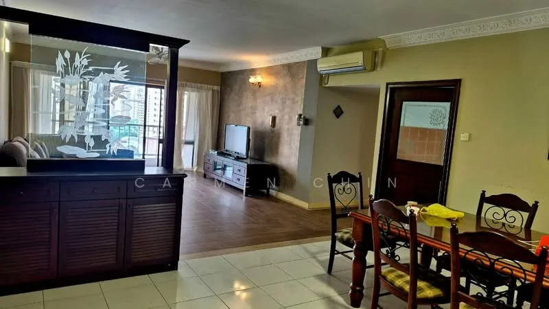 Living features: wood flooring, wall-mounted TV, sofa, coffee table, recessed downlights, floor-to-ceiling windows, curtains, air conditioning unit; style: modern; view: city. Dining features: dining table, upholstered dining chairs, table with yellow cloth, decorative wall, light fixture; style: modern.
