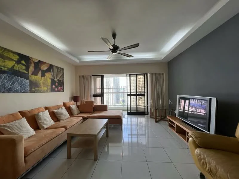 Living features: 3-seater fabric sofa in beige, 2-seater fabric sofa in beige, wooden coffee table, wall-mounted TV, TV console, ceiling fan with light, floor-to-ceiling windows, white painted walls, grey accent wall, tile flooring, sheer curtains; style: modern; view: city.