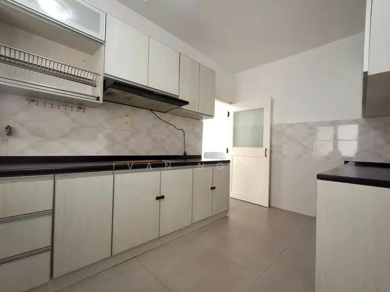 Kitchen features: light wood cabinetry, black countertop, stainless-steel range hood, built-in shelving, white tiled backsplash, ceramic tile flooring, single-bowl stainless-steel sink, wall-mounted faucet, door to adjacent room; style: modern.